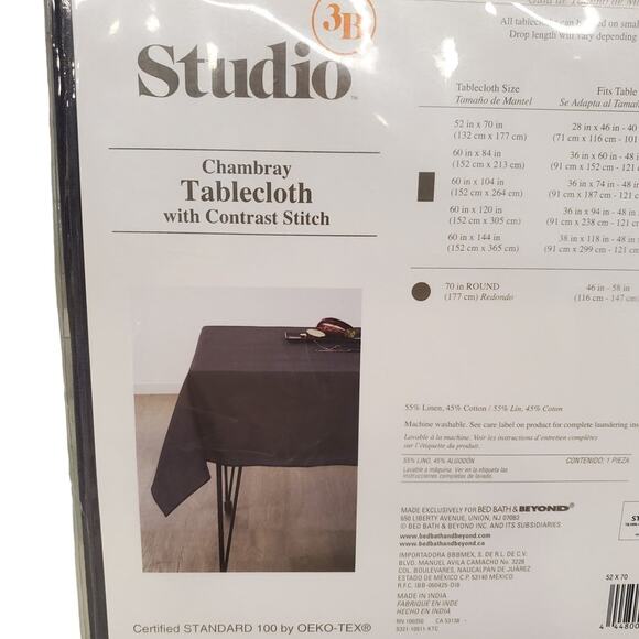 Linen Chambray Blue Tablecloth with Contrast Stitch Excalibur Studio 3B 52 x 70 - Picture 8 of 11